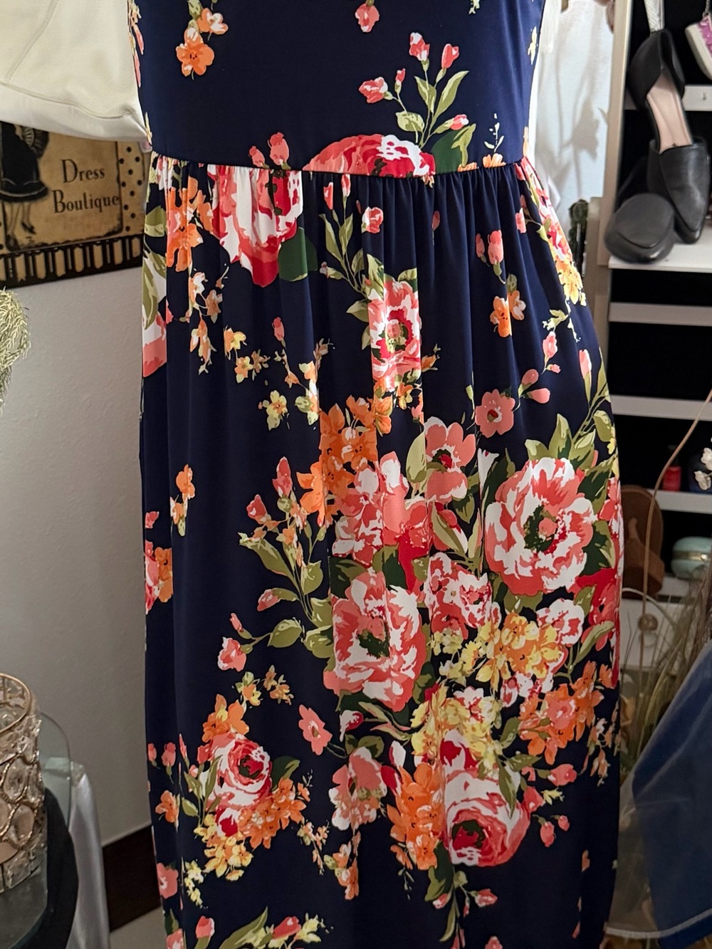 Wanna B Size Small Floral Navy Maxi Dress with Pink & Orange Blooms